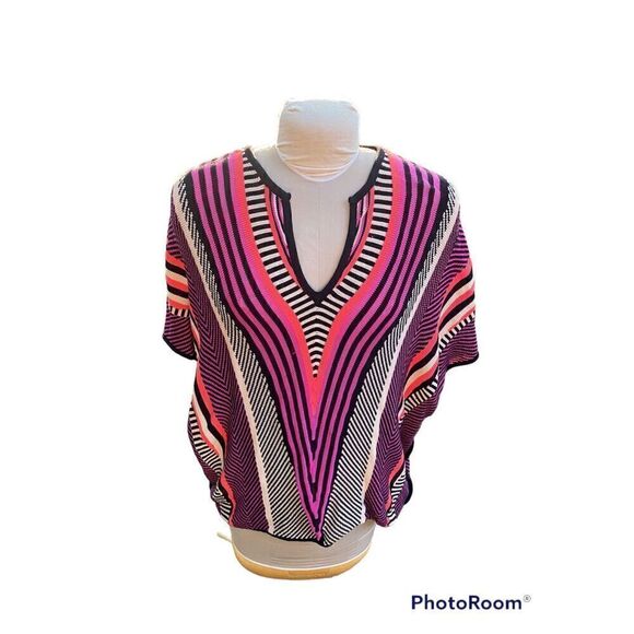 Trina Turk Poncho Pullover V-Neck Multi-Color Pima Cotton Boho Yellowstone - Picture 2 of 7